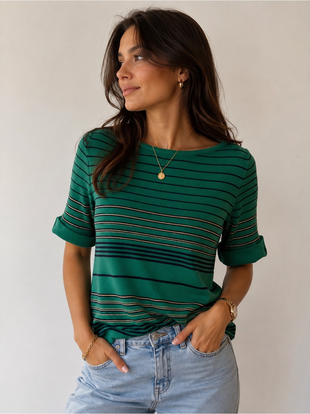 Luisa Spagnoli Green Striped Short Sleeve Knit Top size S